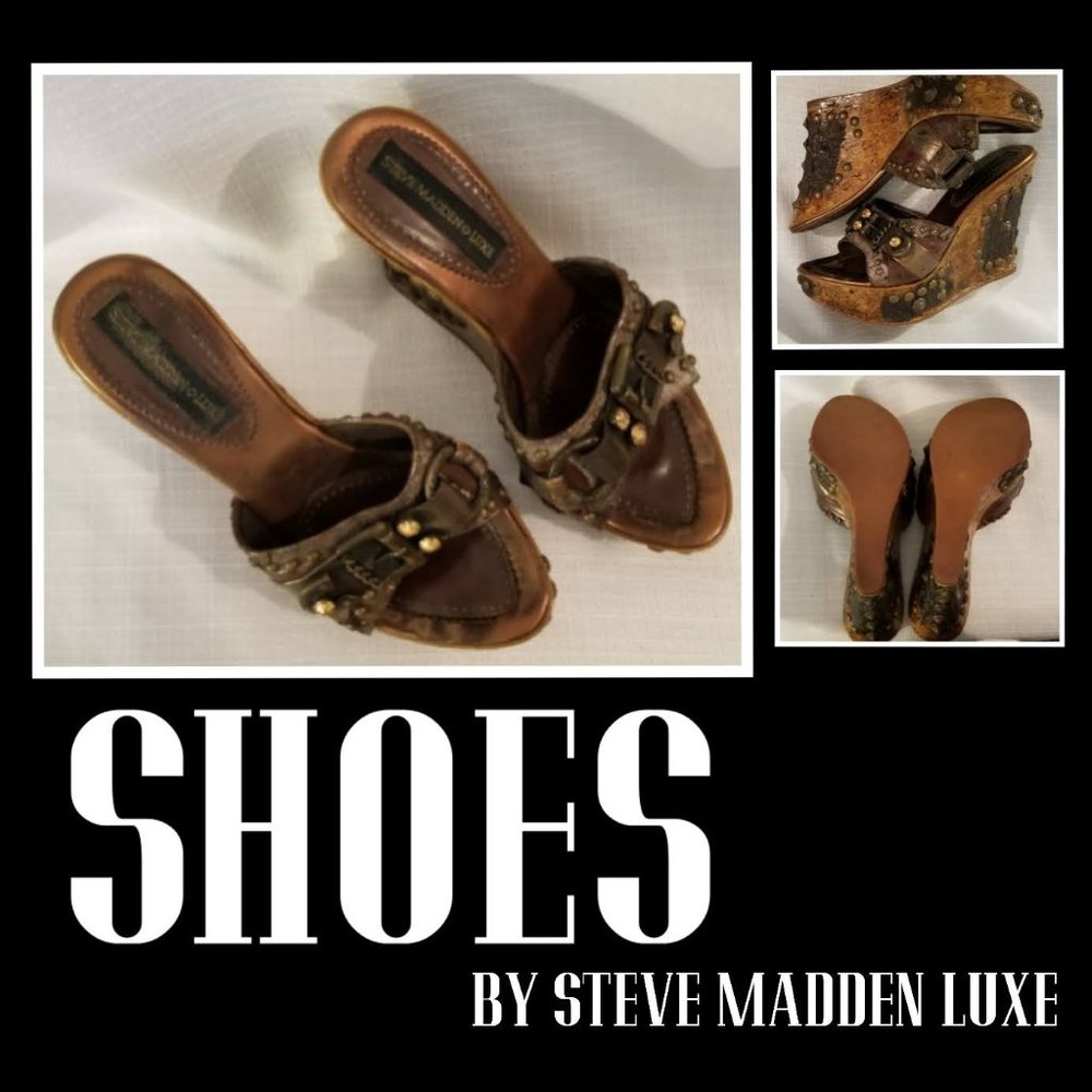 Vintage Brown Bronze Wedge Platform Heels 7